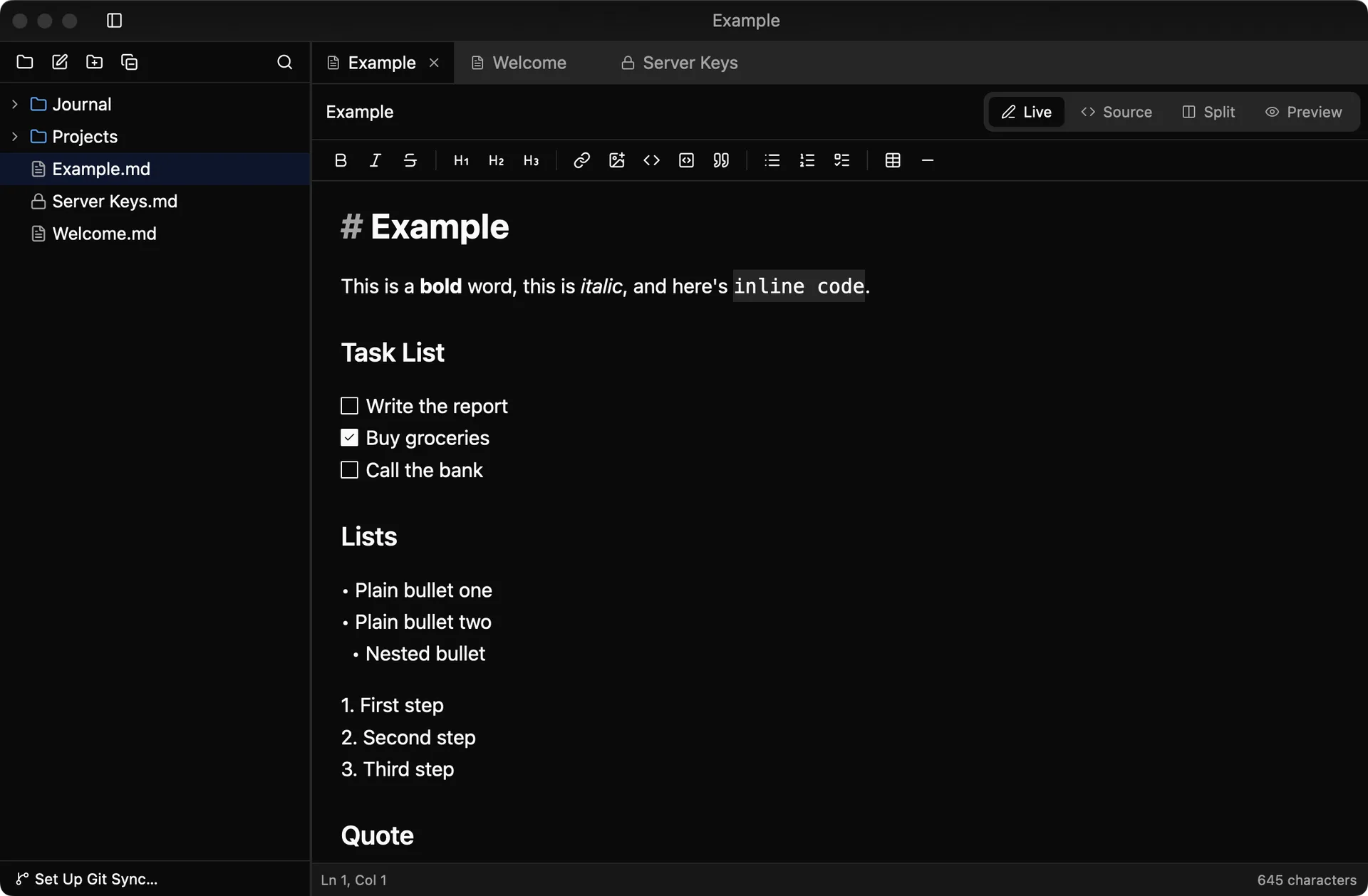 Dotnote on macOS: a note in Live mode
