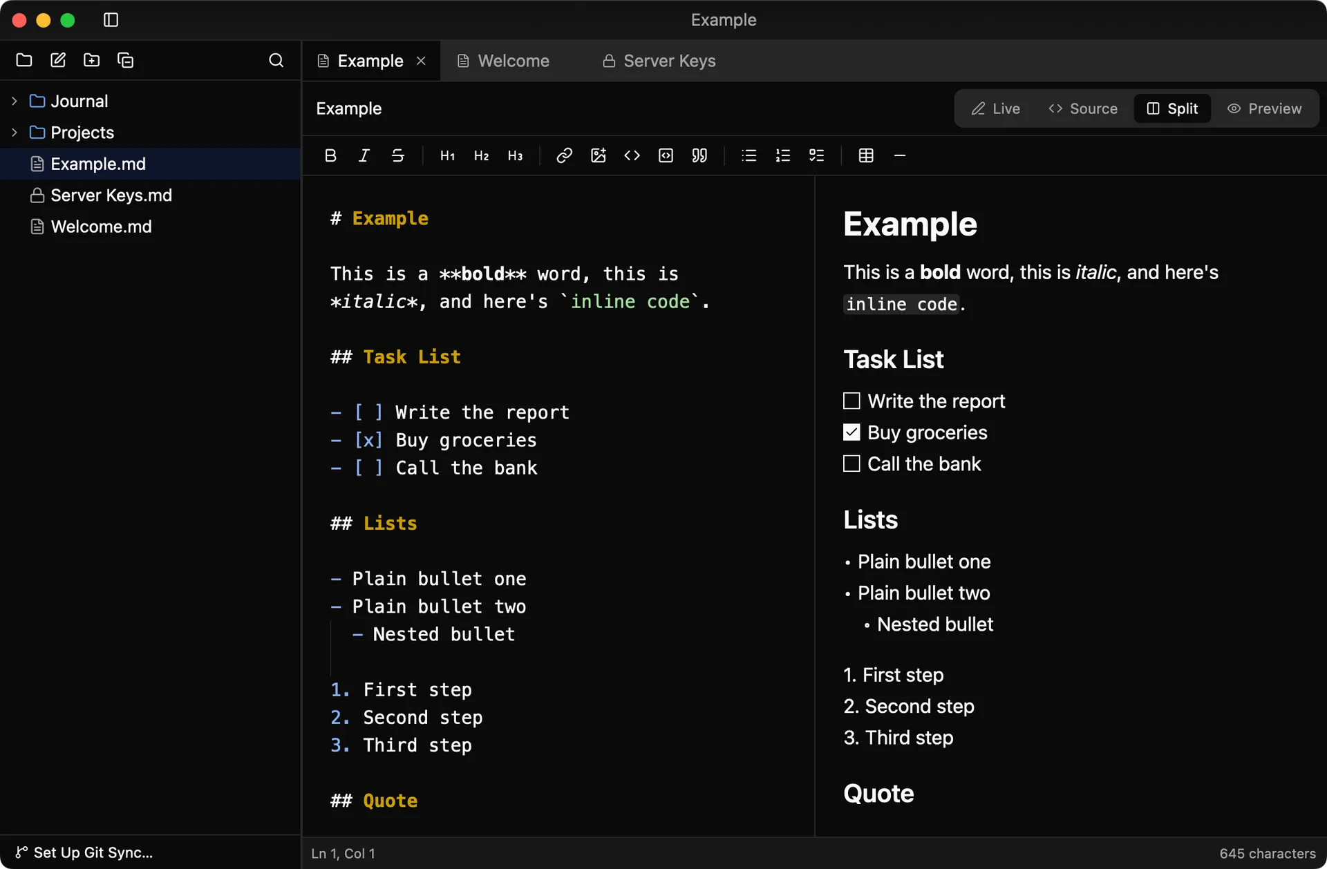 Split mode: highlighted source next to the rendered preview