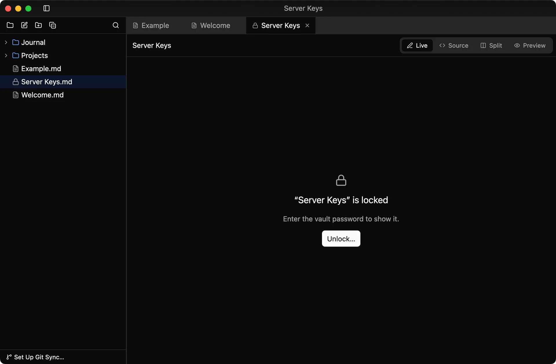 A locked note: encrypted on disk until the vault password is entered